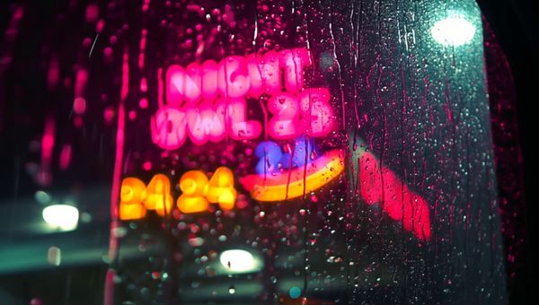 Luma Ray 2 output for the prompt: Extreme close-up of a neon diner sign flickering on that reads "NIGHT OWL — 24 HRS" in pink and yellow tubes, rain streaming down the glass behind it. 1990s aesthetic.