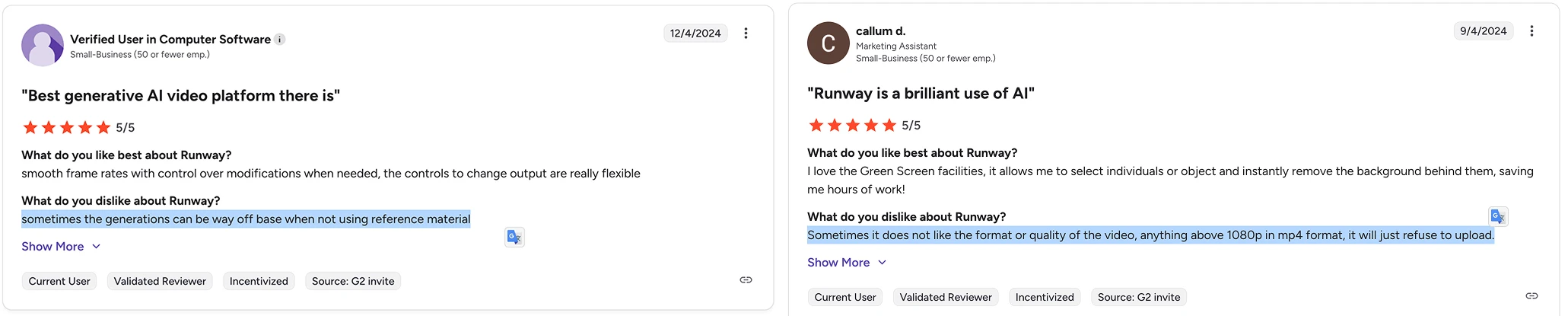 Negative reviews g2 runway ai