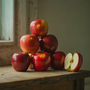 Ideogram V3 output for the prompt: Exactly 7 red apples arranged in a pyramid on a wooden table, one apple with a bite taken out of it on the right side