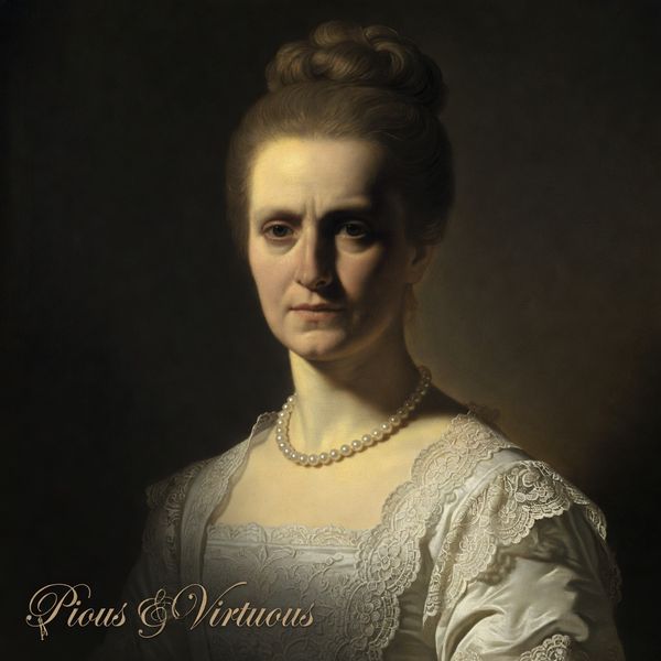 Music album cover. The image is a painting portrait of the Early Baroque period of a woman's face, which appears to be a close-up of her face. She is wearing a white dress with intricate lace detailing and a pearl necklace. Her hair is styled in a high bun and she is looking directly at the viewer with a serious expression. The background is dark, and the text "Pious & Virtuous" is written in an old style cursive font in the bottom left of the image. The overall style of the portrait is ornate and luxurious.