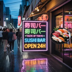 Ideogram V3 output for the prompt: A neon storefront sign in Tokyo at night, Japanese and English mixed: "寿司バー · SUSHI BAR · OPEN 24H"