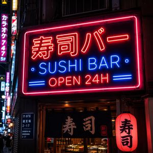 GPT Image 2 output for the prompt: A neon storefront sign in Tokyo at night, Japanese and English mixed: "寿司バー · SUSHI BAR · OPEN 24H"