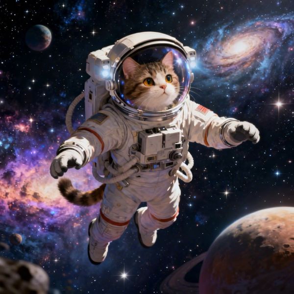 The cat astronaut gently floats and rotates in zero gravity with slow, smooth, weightless movements. The cat's body slowly drifts and turns in space with natural floating motion. The stars and cosmic background remain stable while the cat moves gracefully through the void of space. Peaceful, serene floating animation with realistic zero gravity physics.