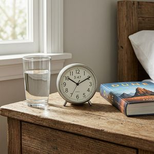 Wan 2.7 output for the prompt: A clock showing 3:47 on a bedside table, with a glass of water to the LEFT and a book titled "Dune" to the RIGHT