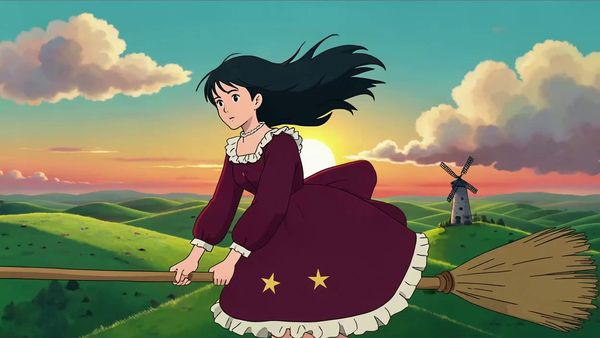 SeeDance 1.0 Lite output for the prompt: Studio Ghibli style hand-drawn animation: a young girl flying on a broom over rolling green hills with windmills at sunset, hair blowing in the wind.