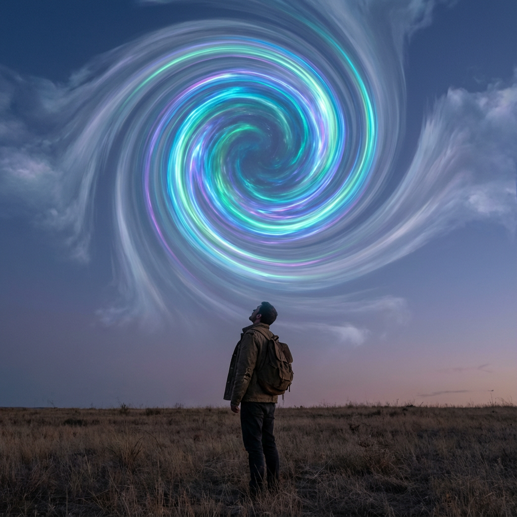A man stands on the ground, facing away from us and looking up at an enormous spiral-shaped portal floating in mid-air above him; through that portals we see colors