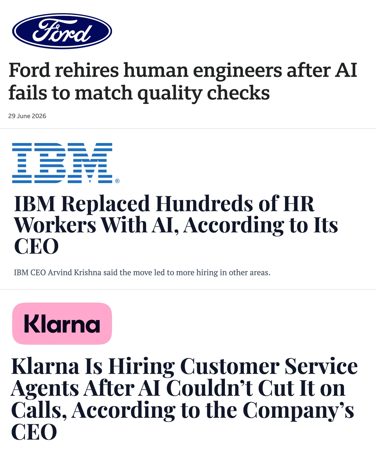 Ford IBM Klarna rehiring employees after AI layoffs