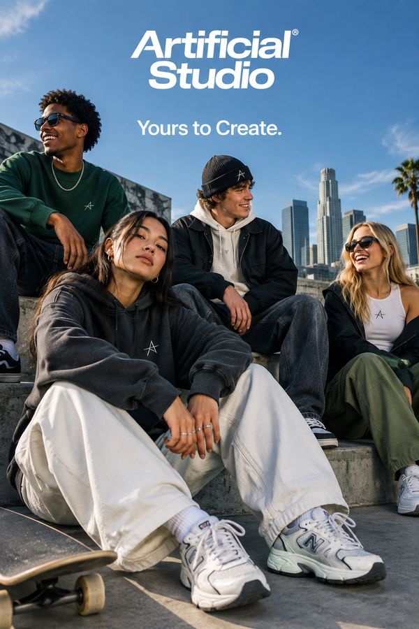 Give me a cool in culture ad / fashion shot for a brand called Artificial Studio.
It's a hip young street brand. The ad shows a group of friends hanging out together with the tagline "Yours to Create."

Make it feel like a polished campaign image for a youth streetwear audience: stylish, contemporary, energetic, and tasteful.
Use clean composition, strong color direction, natural poses, and premium fashion photography cues.

Render the tagline exactly once, clearly and legibly, integrated into the ad layout.

No extra text, no watermarks, no unrelated logos.