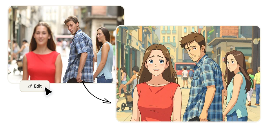 generate videos with AI artificial studio. distracted boyfriend meme