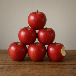 GPT Image 2 output for the prompt: Exactly 7 red apples arranged in a pyramid on a wooden table, one apple with a bite taken out of it on the right side