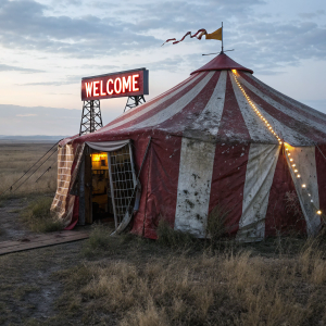 a hyper real cinematic photo of an old ripped and rusted red and white striped tent with a broken old 19 50's style red rusty neon sign 'welcome', vast wide angle landscape, the tent is in the middle of an old texas dry field at dusk, we see lights on in the tent and half the broken neon sign "welcome" is partly lit up, some broken letters, light comes out of the circus tent doorway and illuminates an old rusted cage with an old clown inside the cage, High definition photograph. 