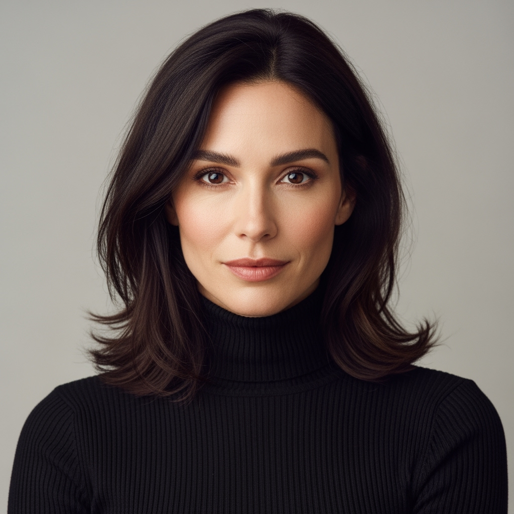 Portrait of a woman in her 30s with natural features, medium-length dark brown hair with a slight wave, deep brown almond-shaped eyes, straight eyebrows, and soft natural lips. She has a delicate oval face with a gentle expression, minimal makeup, and a modern casual style. She is wearing a fitted black ribbed turtleneck sweater. Her skin looks realistic and human, with natural imperfections, fine lines, subtle wrinkles, and natural texture — not overly smooth or flawless. She has a genuine, everyday beauty, not an AI-perfect model. Soft studio lighting, neutral background, realistic photography style.