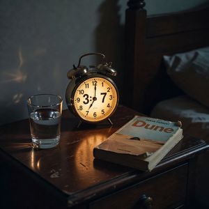 Grok Imagine output for the prompt: A clock showing 3:47 on a bedside table, with a glass of water to the LEFT and a book titled "Dune" to the RIGHT