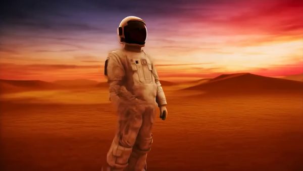 Mochi output for the prompt: A single astronaut stands on a red Martian plain with their back to the camera. The camera dollies forward slowly over 4 seconds. Dust devils swirl in the distance. Sunset lighting.