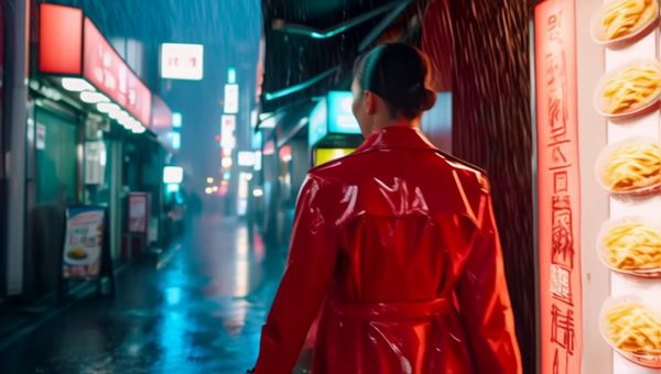 Luma Ray 2 output for the prompt: Rain-soaked neon-lit Tokyo alley at 2am. A woman in a red vinyl coat walks past glowing ramen stalls, holographic ads flickering. Blade Runner 2049 aesthetic.