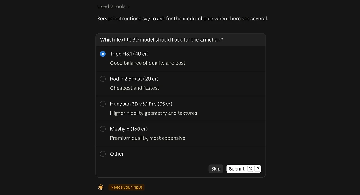 3d models AI artificial studio MCP custom connector claude