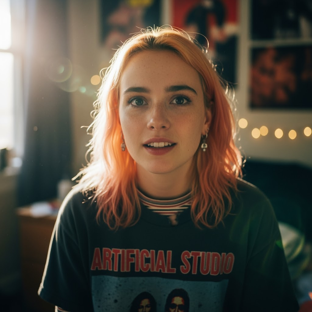 The photo: Create a cinematic, photorealistic medium shot capturing the nostalgic warmth of a late 90s indie film. The focus is a young woman with brightly dyed pink-gold hair and freckled skin, looking directly and intently into the camera lens with a hopeful yet slightly uncertain smile, she is slightly off-center. She wears an oversized, vintage band t-shirt that says "Artificial Studio" (slightly worn) over a long-sleeved striped top and simple silver stud earrings. The lighting is soft, golden hour sunlight streaming through a slightly dusty window, creating lens flare and illuminating dust motes in the air. The background shows a blurred, cluttered bedroom with posters on the wall and fairy lights, rendered with a shallow depth of field. Natural film grain, a warm, slightly muted color palette, and sharp focus on her expressive eyes enhance the intimate, authentic feel
