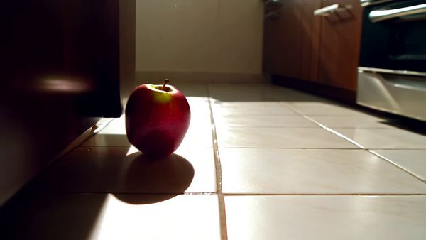 Minimax output for the prompt: A ripe red apple falls from a kitchen countertop and shatters a wine glass on the tile floor below. Shards scatter, juice splashes. 24fps, natural morning light.