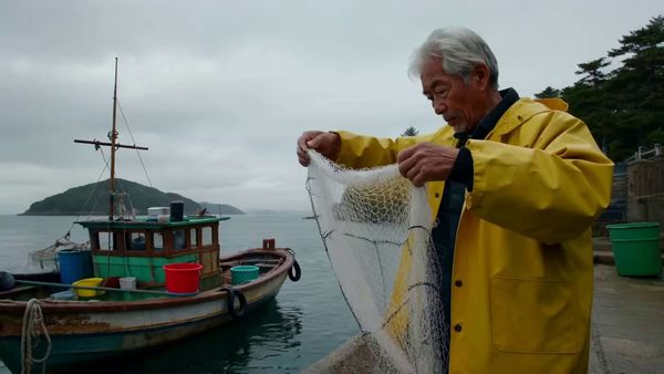 SeeDance 1.0 Lite output for the prompt: A elderly Japanese fisherman in a yellow raincoat mends a net on the dock. Cut to the same fisherman walking up a stone path toward a lighthouse, seen from behind. Overcast sky, 35mm film look.