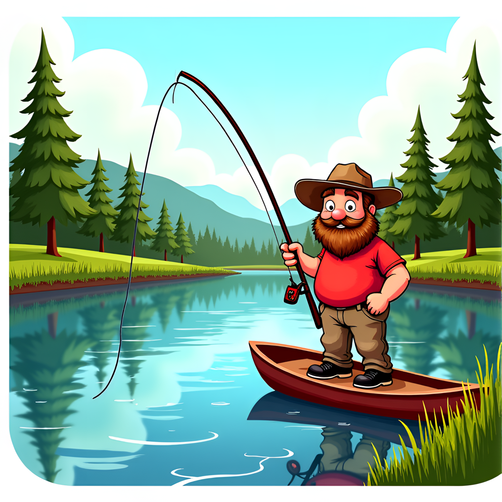 a man cartoon character, fishing next to a lake. brown pants