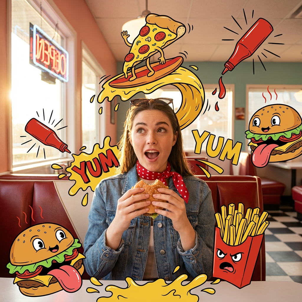 {
  "scene_description": "A vibrant, mixed-media masterpiece featuring a photorealistic girl eating at a diner, surrounded by a chaotic swarm of maximalist fast-food monsters.",
  "subject": {
    "type": "Playful young woman",
    "attire": "Retro-style denim jacket, red polka-dot scarf, sunglasses on head",
    "position": "Sitting in a red leather diner booth, holding a burger",
    "expression": "Shocked but amused, looking at a floating doodle pizza"
  },
  "action": {
    "primary": "Eating lunch",
    "effect": "Her food is coming to life in 2D form"
  },
  "illustration_layer": {
    "style": "Thick-line Pop Art cartoons",
    "creatures": [
      "Pizza slices surfing on cheese waves",
      "Burger beasts with lettuce tongues",
      "Angry French fry box",
      "Flying ketchup bottles."
    ],
    "graphics": "Mustard splashes, sesame seeds, heat lines, 'YUM' text bursts",
    "colors": "Ketchup Red, Mustard Yellow, Lettuce Green"
  },
  "environment": {
    "setting": "Retro American Diner",
    "background_elements": ["Checkerboard floor", "Neon sign in window"]
  },
  "lighting": {
    "style": "Warm Diner Glow",
    "key_light": {
      "type": "Window light",
      "color": "Warm afternoon sun"
    }
  },
  "style": {
    "medium": "Mixed Media Photography",
    "aesthetic": "Retro-pop, savory, chaotic",
    "quality": "Ultra-detailed textures vs flat cartoons"
  }
}
