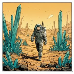 Flux 2 output for the prompt: A Moebius (Jean Giraud) comic panel: an astronaut walking through a crystalline desert, flat cel shading, limited palette of ochre and teal