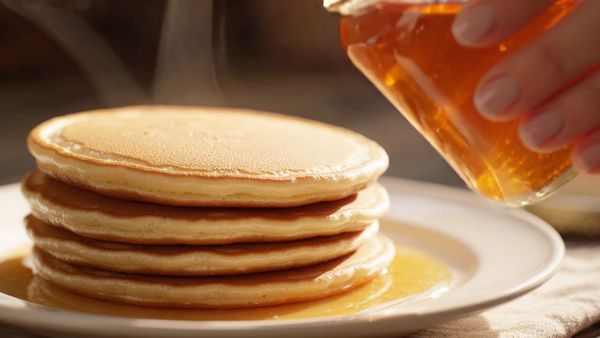 Google Veo 3.1 Lite output for the prompt: A slow-motion close-up of honey being poured from a glass jar onto warm pancakes, light catching the viscous drip, steam rising subtly. Handheld, shallow depth of field.
