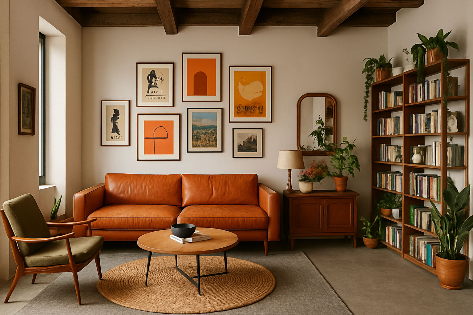 The image shows a living room with a modern and eclectic style. The room has a high ceiling with exposed beams and a concrete floor. On the left side of the room, there is a large orange leather sofa with a coffee table in front of it. Above the sofa, there are several framed pictures and posters hanging on the wall. 

On the right side, on the far wall, there has a bookshelf with various books, plants, and decorative items. The shelves are filled with books, vases, and other decorative items, and there are also several potted plants scattered throughout the room.

In the center of the living room is a round area rug with a woven pattern. The rug is made of a light-colored wood and has a rustic, weathered look. There is a wooden side table with a lamp and a vase of flowers on it, and a wooden cabinet with a mirror above it. The floor is covered with a gray rug, and the walls are painted white. The overall color scheme of the space is warm and earthy, with a mix of earthy tones.