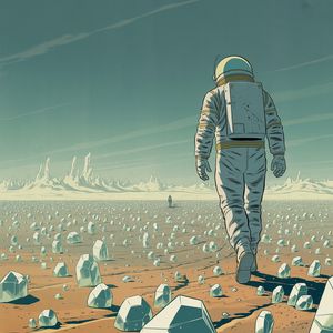 Ideogram V3 output for the prompt: A Moebius (Jean Giraud) comic panel: an astronaut walking through a crystalline desert, flat cel shading, limited palette of ochre and teal