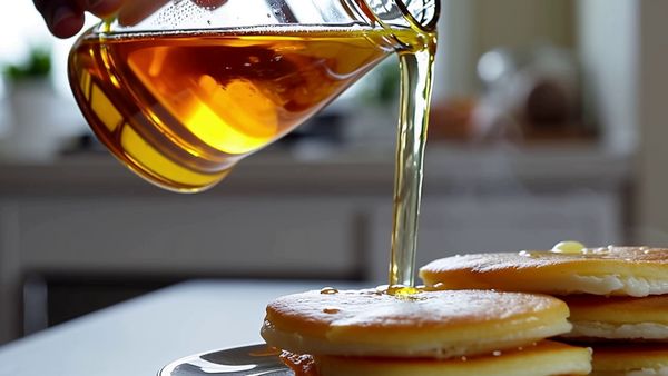 Kling 1.6 Pro output for the prompt: A slow-motion close-up of honey being poured from a glass jar onto warm pancakes, light catching the viscous drip, steam rising subtly. Handheld, shallow depth of field.