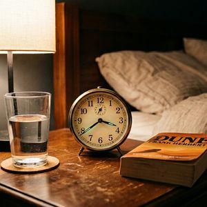 Nano Banana 2 output for the prompt: A clock showing 3:47 on a bedside table, with a glass of water to the LEFT and a book titled "Dune" to the RIGHT