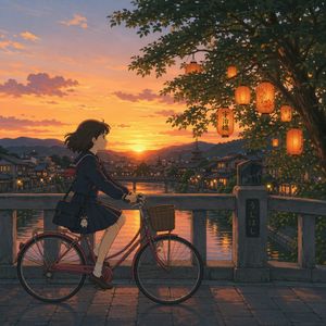 GPT Image 2 output for the prompt: A Studio Ghibli-style animation still of a girl on a bicycle crossing a bridge at sunset, lanterns in the trees