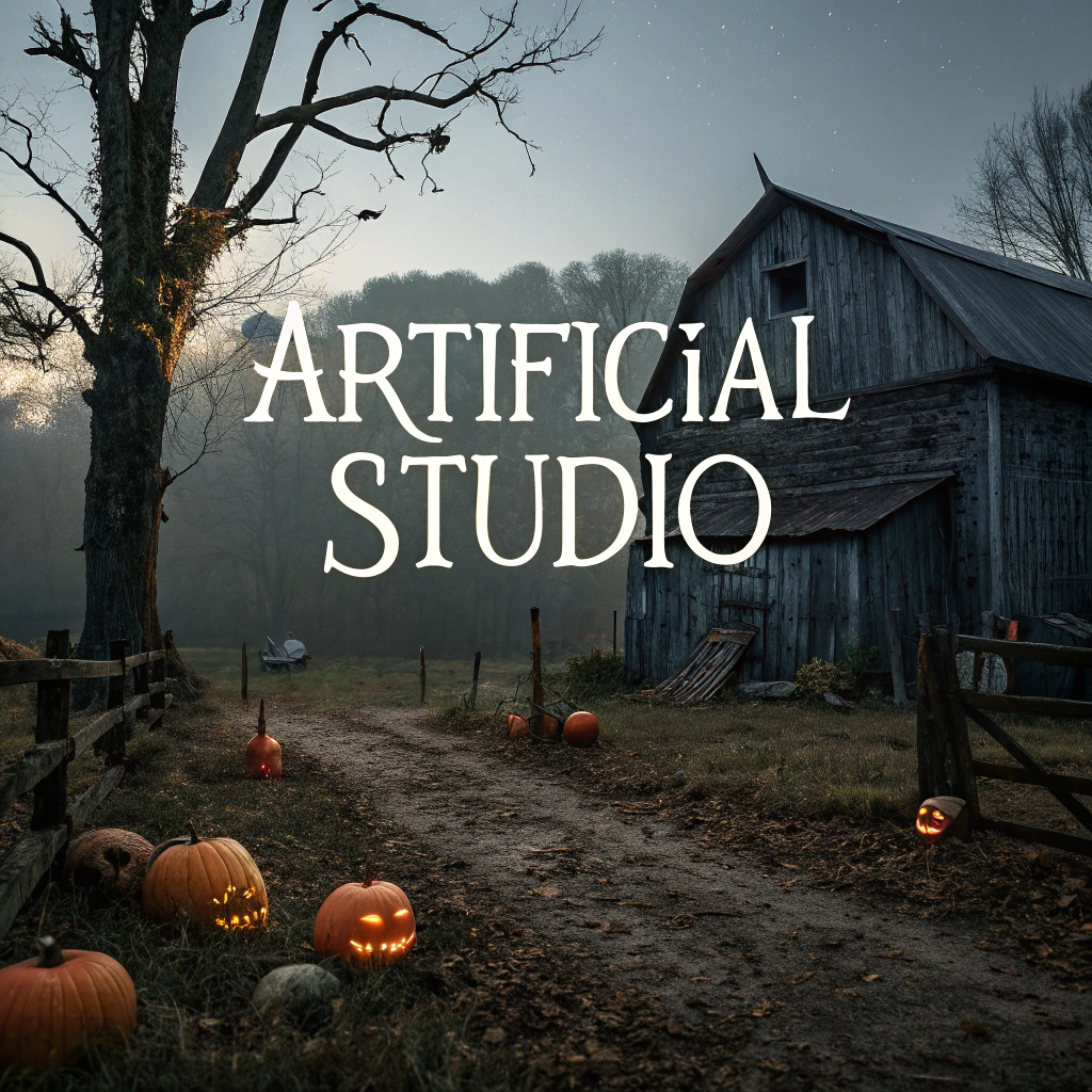 Cover o a halloween book named 'Artificial Studio', with a dark farm setting, with pumpkins and macabre things