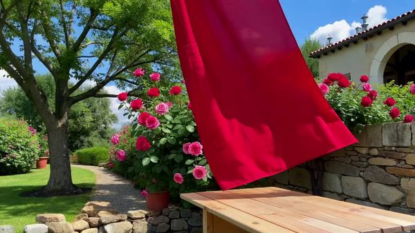 SeeDance 1.0 Lite output for the prompt: A red silk scarf blows off a wooden table in a gentle breeze, drifting in slow motion across a sunlit garden before catching on a rosebush. 50mm lens.