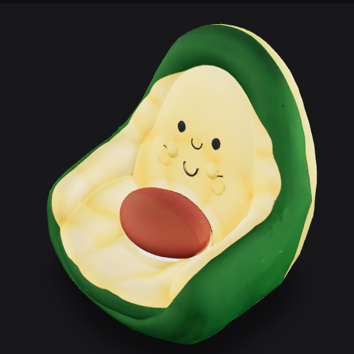 A plush armchair designed to look like a smiling avocado, upholstered in a bouclé-style fabric. The outer shell is dark green, the inner seat area is light green, and the pit is represented by a round brown cushion at the center. It has  an embroidered smiley face, giving it a playful, kawaii aesthetic