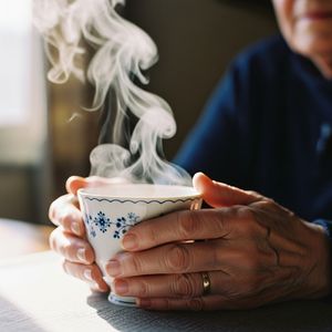 Google Image 4 output for the prompt: A 35mm film photo of an elderly woman's hands holding a steaming porcelain teacup, natural window light, Portra 400 grain