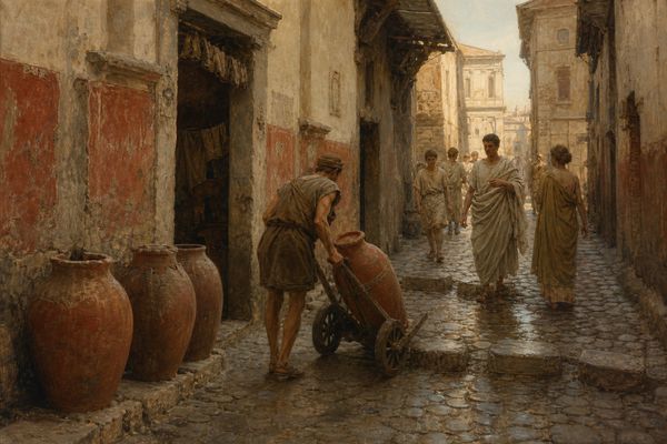Oil painting in the style of 19th century academic painting (Lawrence Alma-Tadema), a narrow cobbled street in ancient Rome at early morning, first century AD. Beside the doorway of a fuller's shop stand several large terracotta amphorae with their necks cut off, used as public urine collection pots. A laborer with a handcart loads a sealed amphora, a few passersby in tunics and togas walk by, stepping stones across the street, plastered walls with faded red paint. Muted earthy palette, soft warm light, refined brushwork, no text.