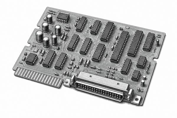 19th-century steel engraving illustration of a 1970s computer circuit board populated with rows of microchips, capacitors and a keyboard connector, seen from above at an angle, fine black ink crosshatching, vintage encyclopedia plate style, monochrome, isolated on a plain pure white background, no text, no border, full object visible