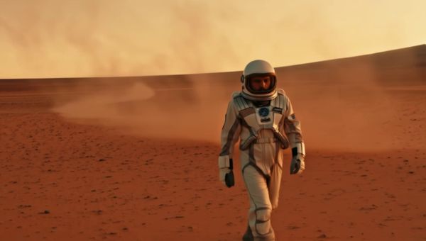 Luma Ray 2 output for the prompt: A single astronaut stands on a red Martian plain with their back to the camera. The camera dollies forward slowly over 4 seconds. Dust devils swirl in the distance. Sunset lighting.