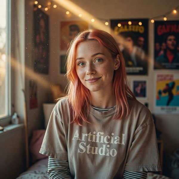 The image is a young woman with brightly dyed pink-gold hair and freckled skin, looking directly and intently into the camera lens with a hopeful yet slightly uncertain smile, she is slightly off-center. She wears an oversized, vintage band t-shirt that says "Artificial Studio" (slightly worn) over a long-sleeved striped top and simple silver stud earrings. The lighting is soft, golden hour sunlight streaming through a slightly dusty window, creating lens flare and illuminating dust motes in the air. The background shows a blurred, cluttered bedroom with posters on the wall and fairy lights, rendered with a shallow depth of field. Natural film grain, a warm, slightly muted color palette, and sharp focus on her expressive eyes enhance the intimate, authentic feel