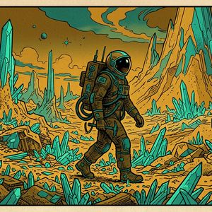 Nano Banana 2 output for the prompt: A Moebius (Jean Giraud) comic panel: an astronaut walking through a crystalline desert, flat cel shading, limited palette of ochre and teal