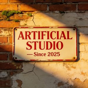 Seedream 4.5 output for the prompt: A vintage enamel sign that reads "ARTIFICIAL STUDIO — Since 2025" in red and cream, mounted on a weathered brick wall, golden hour