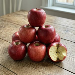 Wan 2.7 output for the prompt: Exactly 7 red apples arranged in a pyramid on a wooden table, one apple with a bite taken out of it on the right side