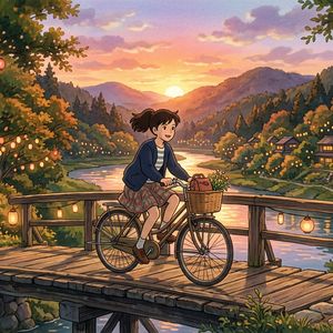 Nano Banana 2 output for the prompt: A Studio Ghibli-style animation still of a girl on a bicycle crossing a bridge at sunset, lanterns in the trees