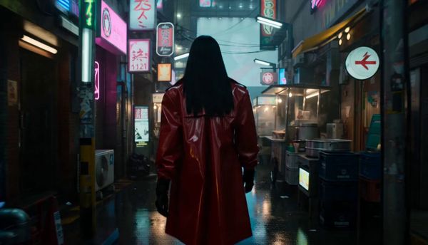 SeeDance 2.0 output for the prompt: Rain-soaked neon-lit Tokyo alley at 2am. A woman in a red vinyl coat walks past glowing ramen stalls, holographic ads flickering. Blade Runner 2049 aesthetic.