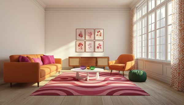 Mid-century modern with a retro/70s-inspired palette. Orange sofa with magenta/pink throw pillows, matching orange armchair with tapered wooden legs, wooden sideboard with cane-front panels, round white coffee table with sculptural base. Wavy stripe rug in pink and red tones, open wavy-patterned curtains in orange and white, 6-piece gallery wall with botanical/floral art in pink and red, colorful glass objects on the coffee table (purple, amber, green bowl), small green pouf ottoman.