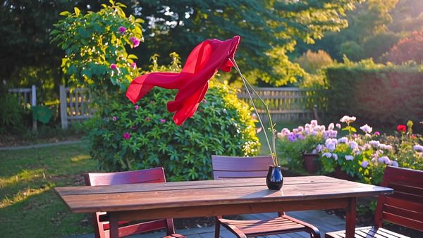 Kling 1.6 Pro output for the prompt: A red silk scarf blows off a wooden table in a gentle breeze, drifting in slow motion across a sunlit garden before catching on a rosebush. 50mm lens.