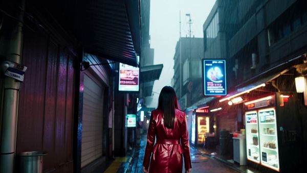 Kling 1.6 Pro output for the prompt: Rain-soaked neon-lit Tokyo alley at 2am. A woman in a red vinyl coat walks past glowing ramen stalls, holographic ads flickering. Blade Runner 2049 aesthetic.