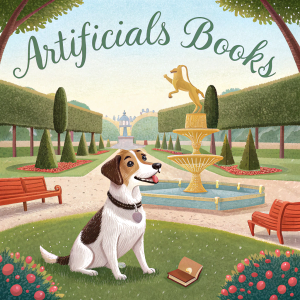  a dog in a park, and the title Artificials Books in the style of Wes Anderson
