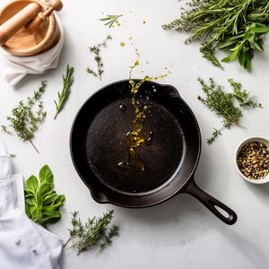 Flux 2 output for the prompt: Overhead flat lay of a chef's station mid-service: cast iron pan, scattered herbs, a splatter of olive oil frozen mid-air